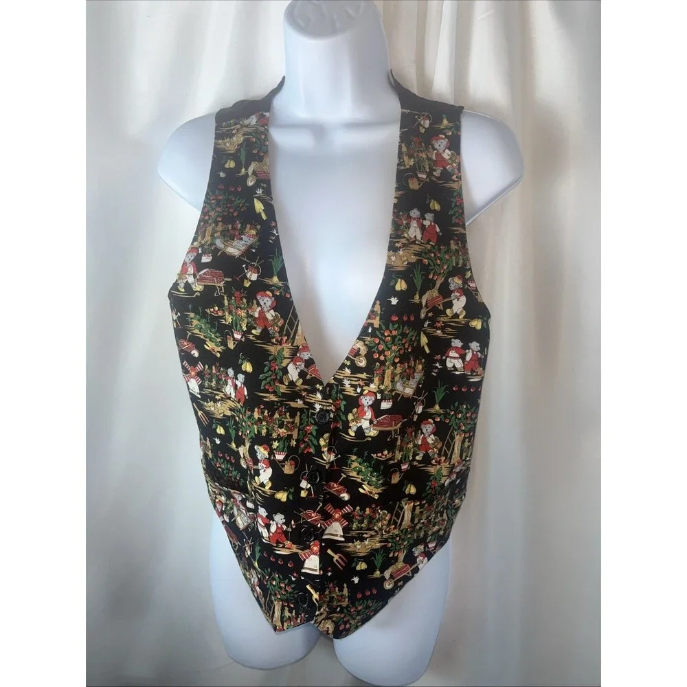 Vintage Robert-Lyn Women’s Graphic Farm Garden Vest With Buttons Size S Pockets - Picture 2 of 7